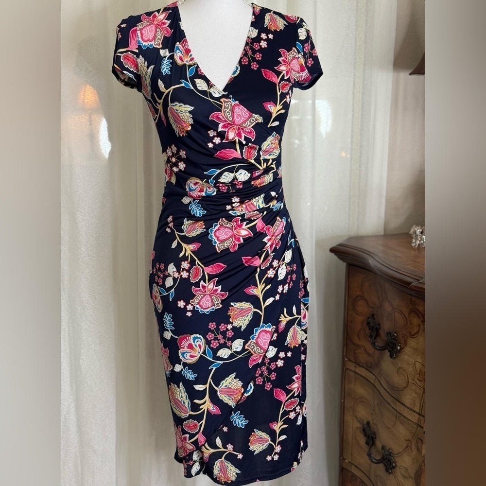 Joseph Ribkoff Pink and Blue Sheath Dress V-Neck Flutter Sleeves